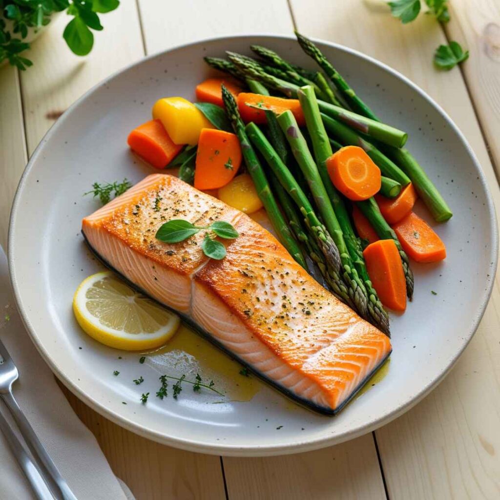 Clean Eating Meal Oven-Baked Salmon with Colorful Vegetables