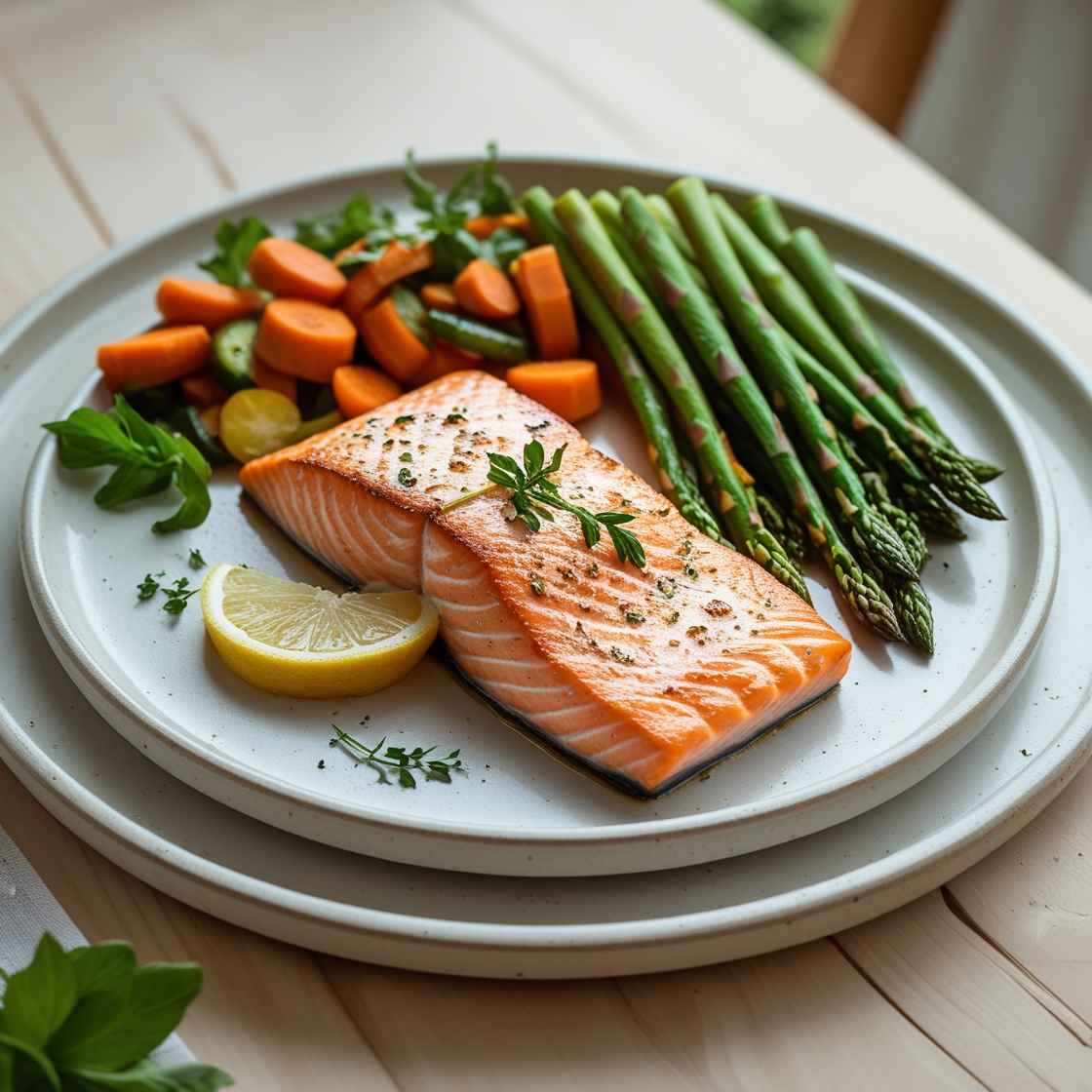 Healthy Baked Salmon with Asparagus & Veggies on White Plate